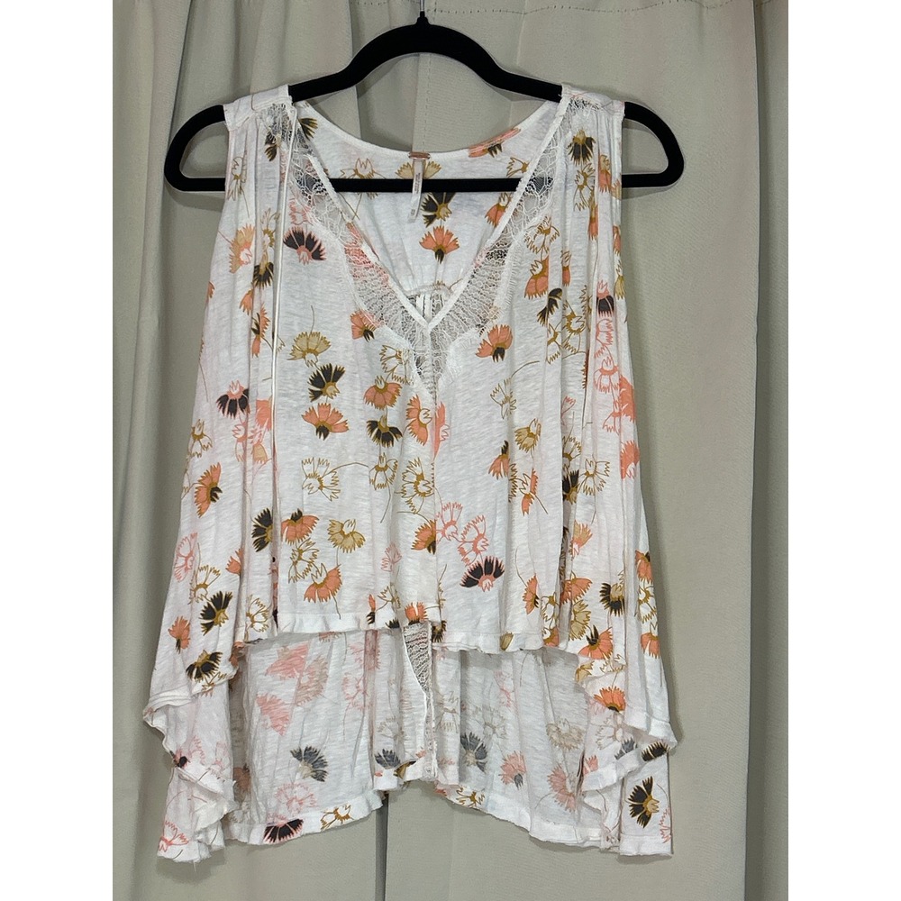 Free People Linen blend Top XS Floral Lace Split Back High Low Boho Summer